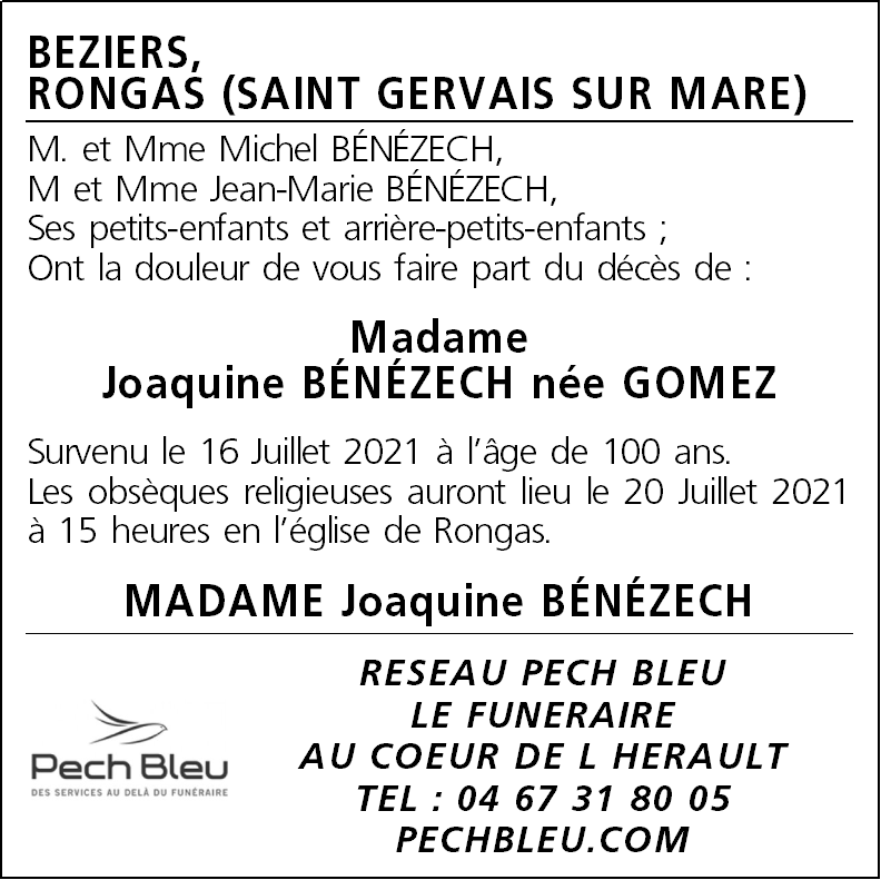 Avis De Décès Pech Bleu Béziers Aujourd'hui