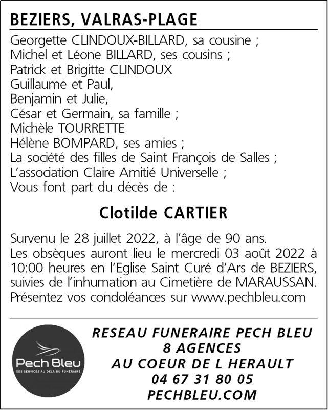 Nécrologie Pompes Funèbres Pech Bleu Décès de Madame Clotilde CARTIER (280722), Annonce